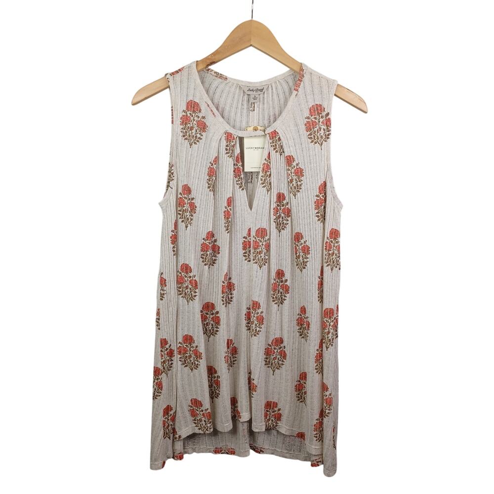 Lucky Brand Womens Boho Floral Keyhole Tunic Top Beige size S Gauze Festival NWT